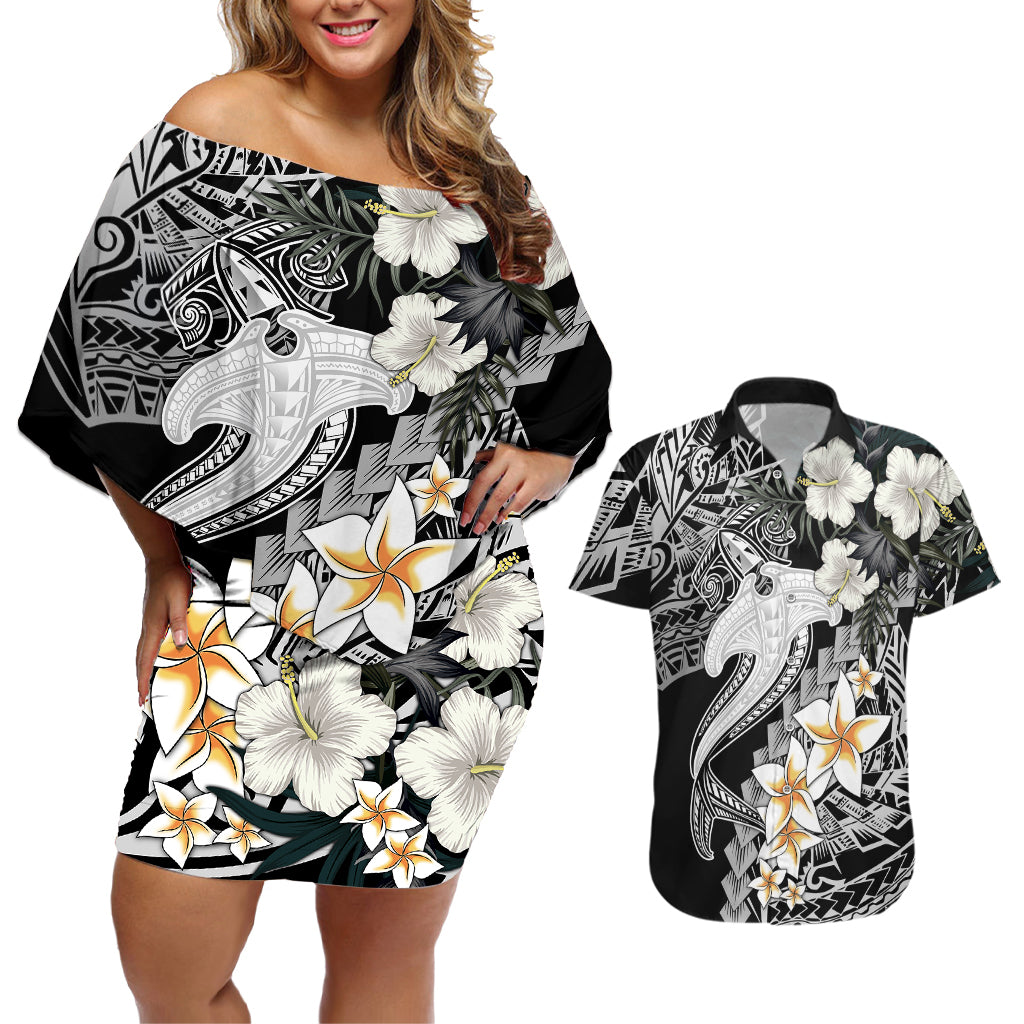 Aloha Hawaii Couples Matching Off Shoulder Short Dress and Hawaiian Shirt Hammerhead Shark Tattoo Polynesian Summer - White LT9 - Wonder Print Shop