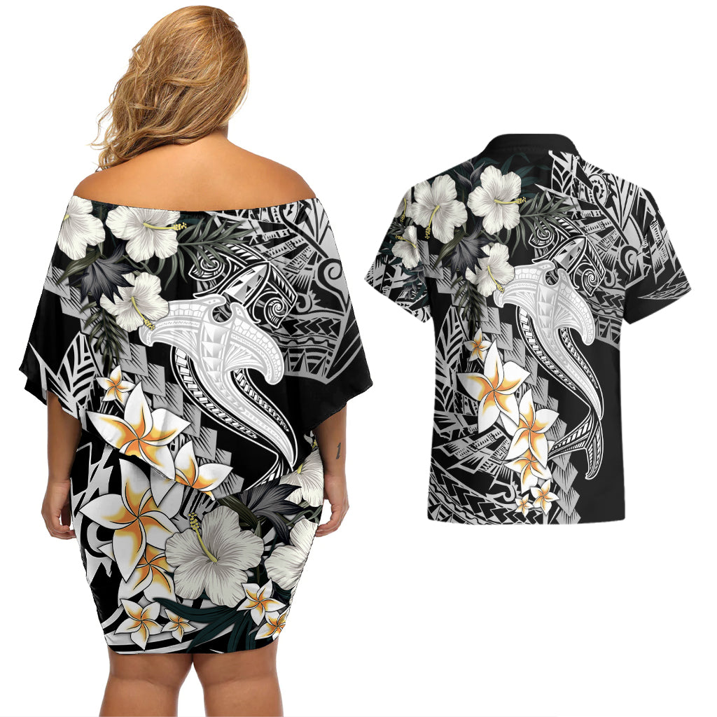 Aloha Hawaii Couples Matching Off Shoulder Short Dress and Hawaiian Shirt Hammerhead Shark Tattoo Polynesian Summer - White LT9 - Wonder Print Shop