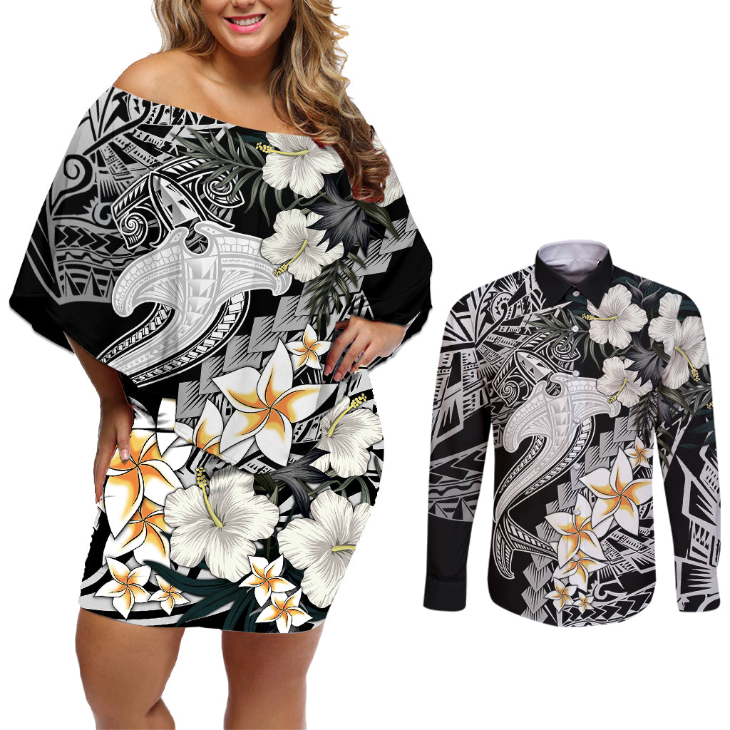 Aloha Hawaii Couples Matching Off Shoulder Short Dress and Long Sleeve Button Shirts Hammerhead Shark Tattoo Polynesian Summer - White LT9 - Wonder Print Shop