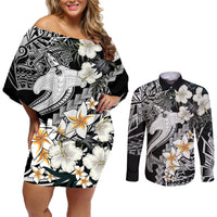 Aloha Hawaii Couples Matching Off Shoulder Short Dress and Long Sleeve Button Shirts Hammerhead Shark Tattoo Polynesian Summer - White LT9 - Wonder Print Shop