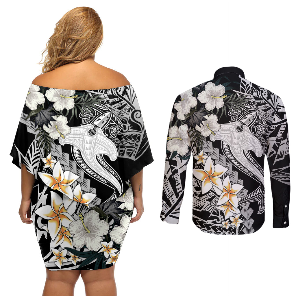 Aloha Hawaii Couples Matching Off Shoulder Short Dress and Long Sleeve Button Shirts Hammerhead Shark Tattoo Polynesian Summer - White LT9 - Wonder Print Shop