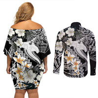 Aloha Hawaii Couples Matching Off Shoulder Short Dress and Long Sleeve Button Shirts Hammerhead Shark Tattoo Polynesian Summer - White LT9 - Wonder Print Shop