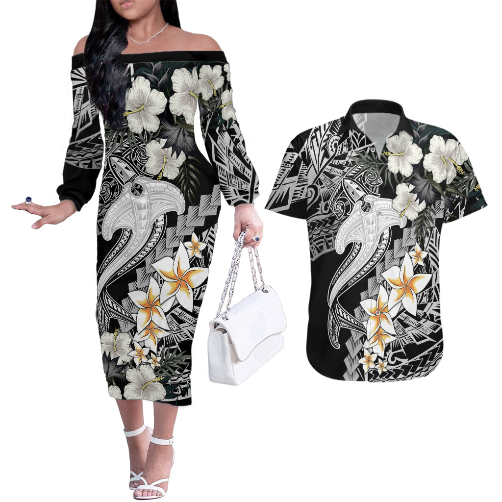 Aloha Hawaii Couples Matching Off The Shoulder Long Sleeve Dress and Hawaiian Shirt Hammerhead Shark Tattoo Polynesian Summer - White LT9 - Wonder Print Shop