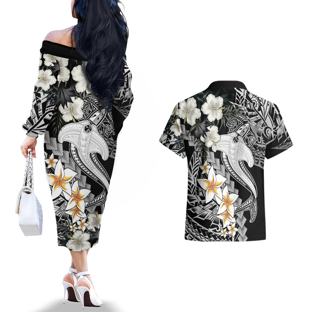 Aloha Hawaii Couples Matching Off The Shoulder Long Sleeve Dress and Hawaiian Shirt Hammerhead Shark Tattoo Polynesian Summer - White LT9 - Wonder Print Shop