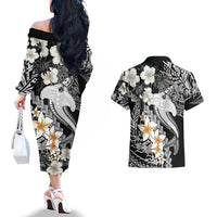 Aloha Hawaii Couples Matching Off The Shoulder Long Sleeve Dress and Hawaiian Shirt Hammerhead Shark Tattoo Polynesian Summer - White LT9 - Wonder Print Shop