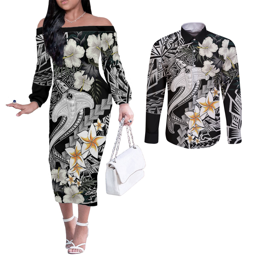 aloha-hawaii-couples-matching-off-the-shoulder-long-sleeve-dress-and-long-sleeve-button-shirts-hammerhead-shark-tattoo-polynesian-summer-white