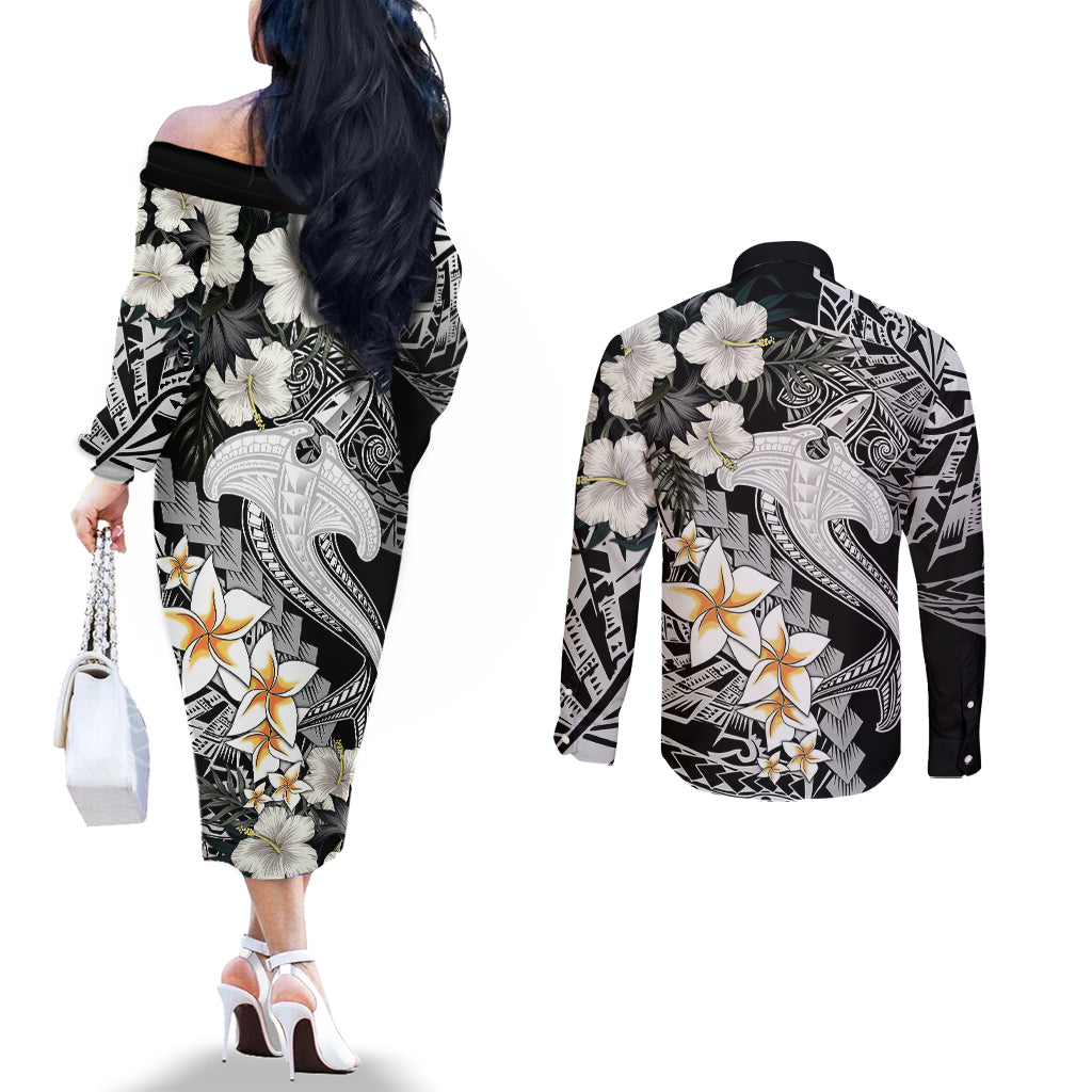 aloha-hawaii-couples-matching-off-the-shoulder-long-sleeve-dress-and-long-sleeve-button-shirts-hammerhead-shark-tattoo-polynesian-summer-white