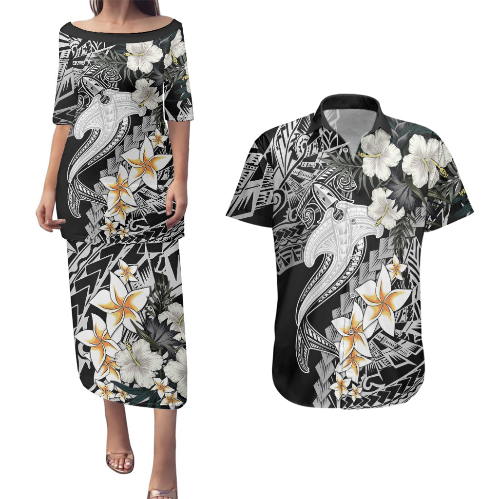 Aloha Hawaii Couples Matching Puletasi Dress and Hawaiian Shirt Hammerhead Shark Tattoo Polynesian Summer - White LT9 - Wonder Print Shop