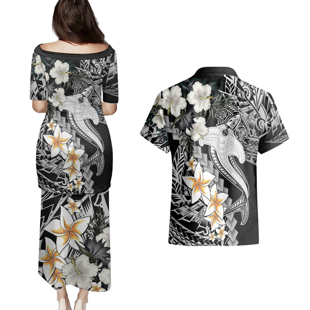 Aloha Hawaii Couples Matching Puletasi Dress and Hawaiian Shirt Hammerhead Shark Tattoo Polynesian Summer - White LT9 - Wonder Print Shop