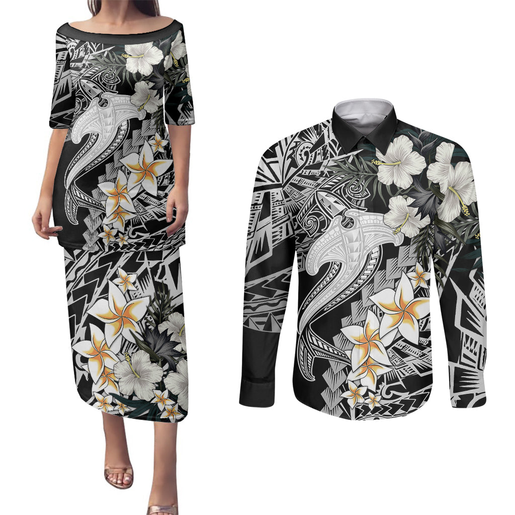 Aloha Hawaii Couples Matching Puletasi Dress and Long Sleeve Button Shirts Hammerhead Shark Tattoo Polynesian Summer - White LT9 - Wonder Print Shop