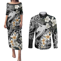 Aloha Hawaii Couples Matching Puletasi Dress and Long Sleeve Button Shirts Hammerhead Shark Tattoo Polynesian Summer - White LT9 - Wonder Print Shop