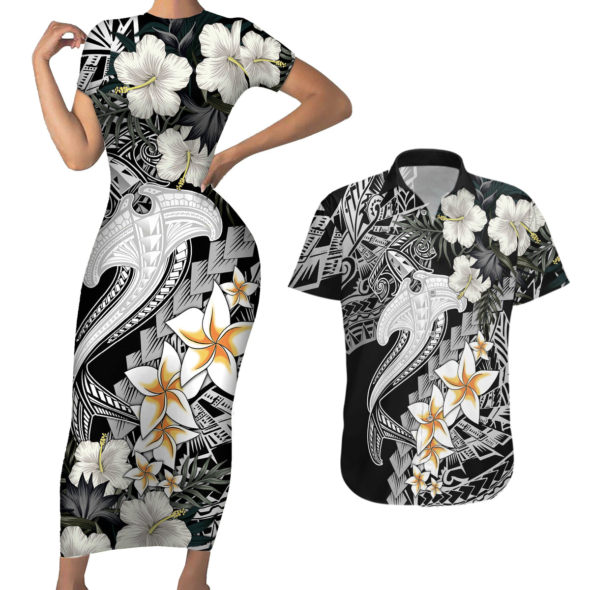 Aloha Hawaii Couples Matching Short Sleeve Bodycon Dress and Hawaiian Shirt Hammerhead Shark Tattoo Polynesian Summer - White LT9 - Wonder Print Shop