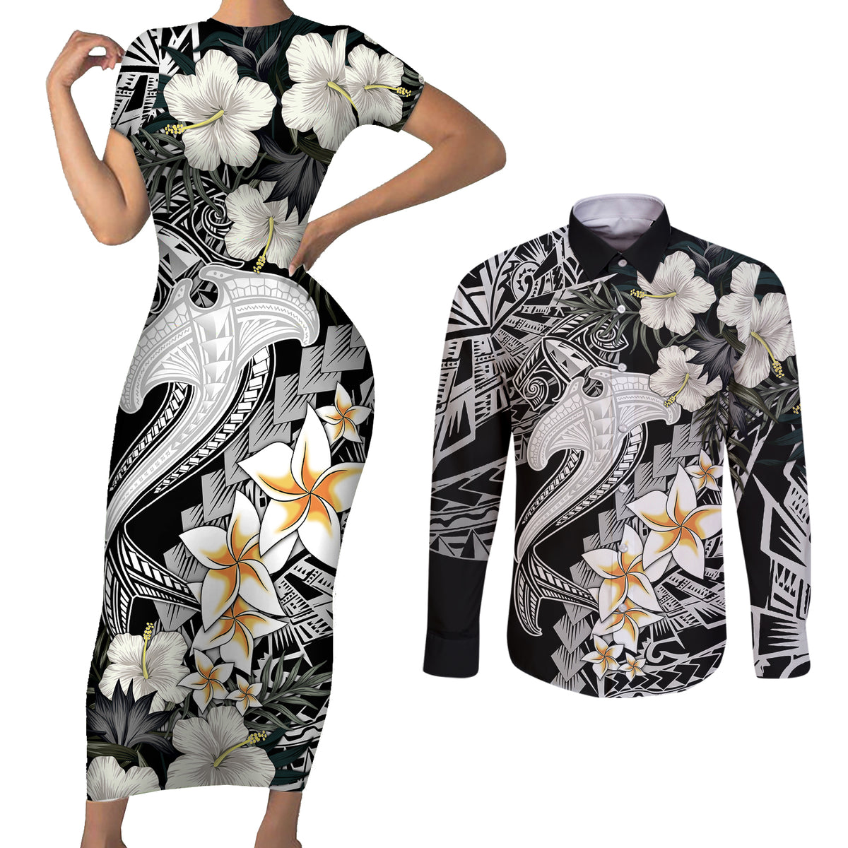 Aloha Hawaii Couples Matching Short Sleeve Bodycon Dress and Long Sleeve Button Shirts Hammerhead Shark Tattoo Polynesian Summer - White LT9 - Wonder Print Shop