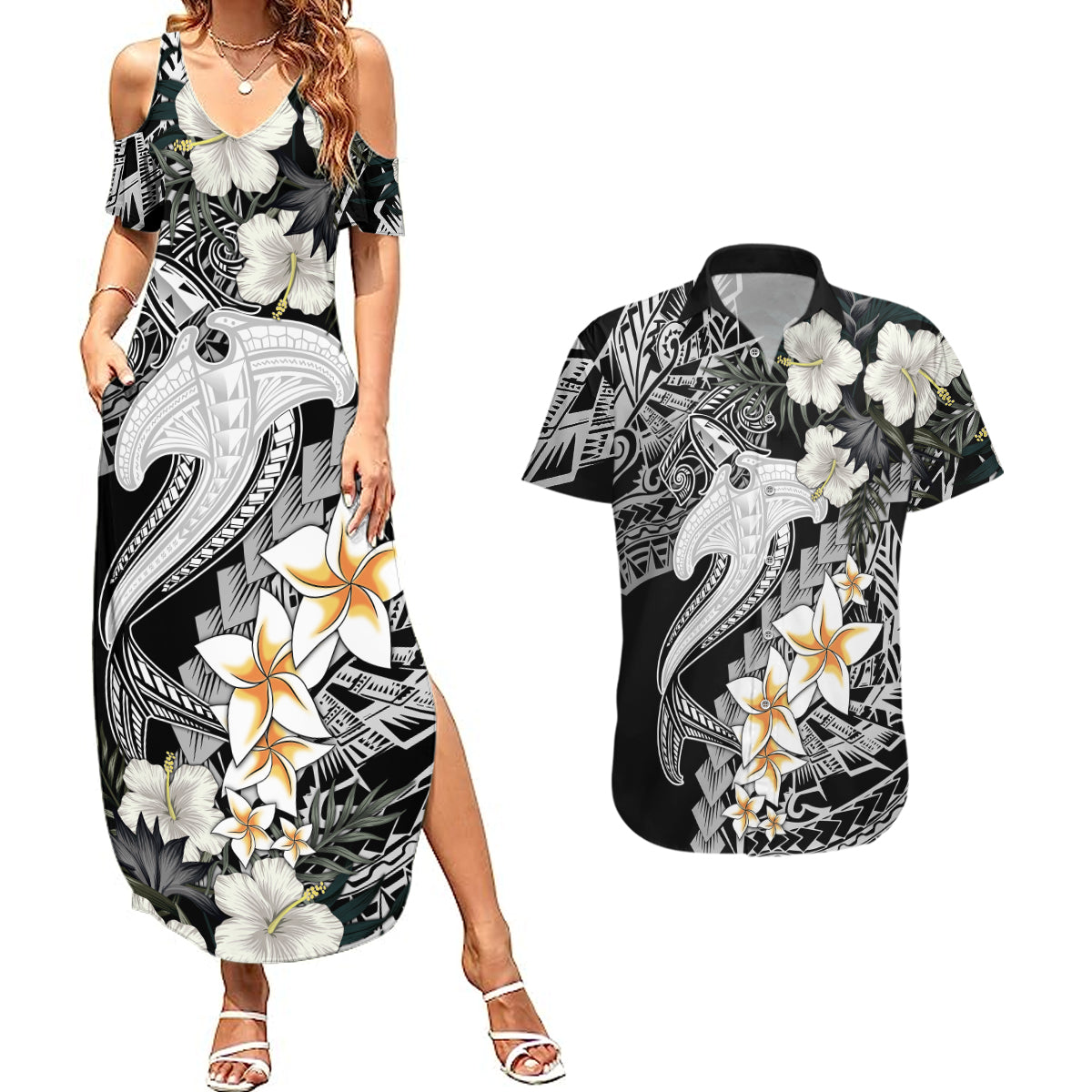 Aloha Hawaii Couples Matching Summer Maxi Dress and Hawaiian Shirt Hammerhead Shark Tattoo Polynesian Summer - White LT9 - Wonder Print Shop