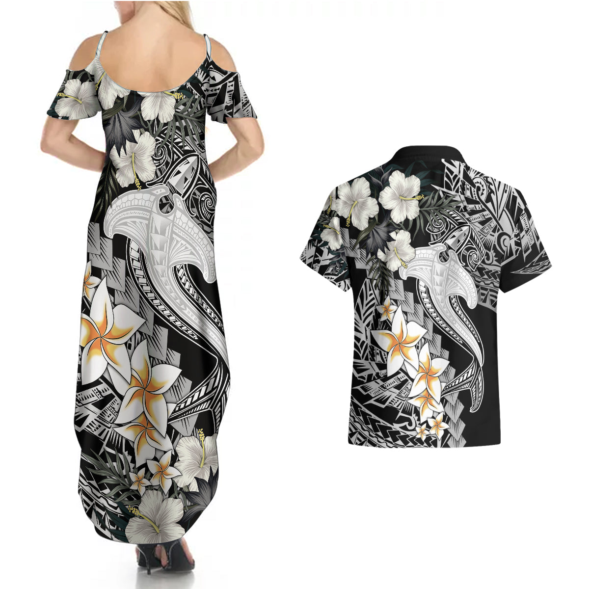 Aloha Hawaii Couples Matching Summer Maxi Dress and Hawaiian Shirt Hammerhead Shark Tattoo Polynesian Summer - White LT9 - Wonder Print Shop
