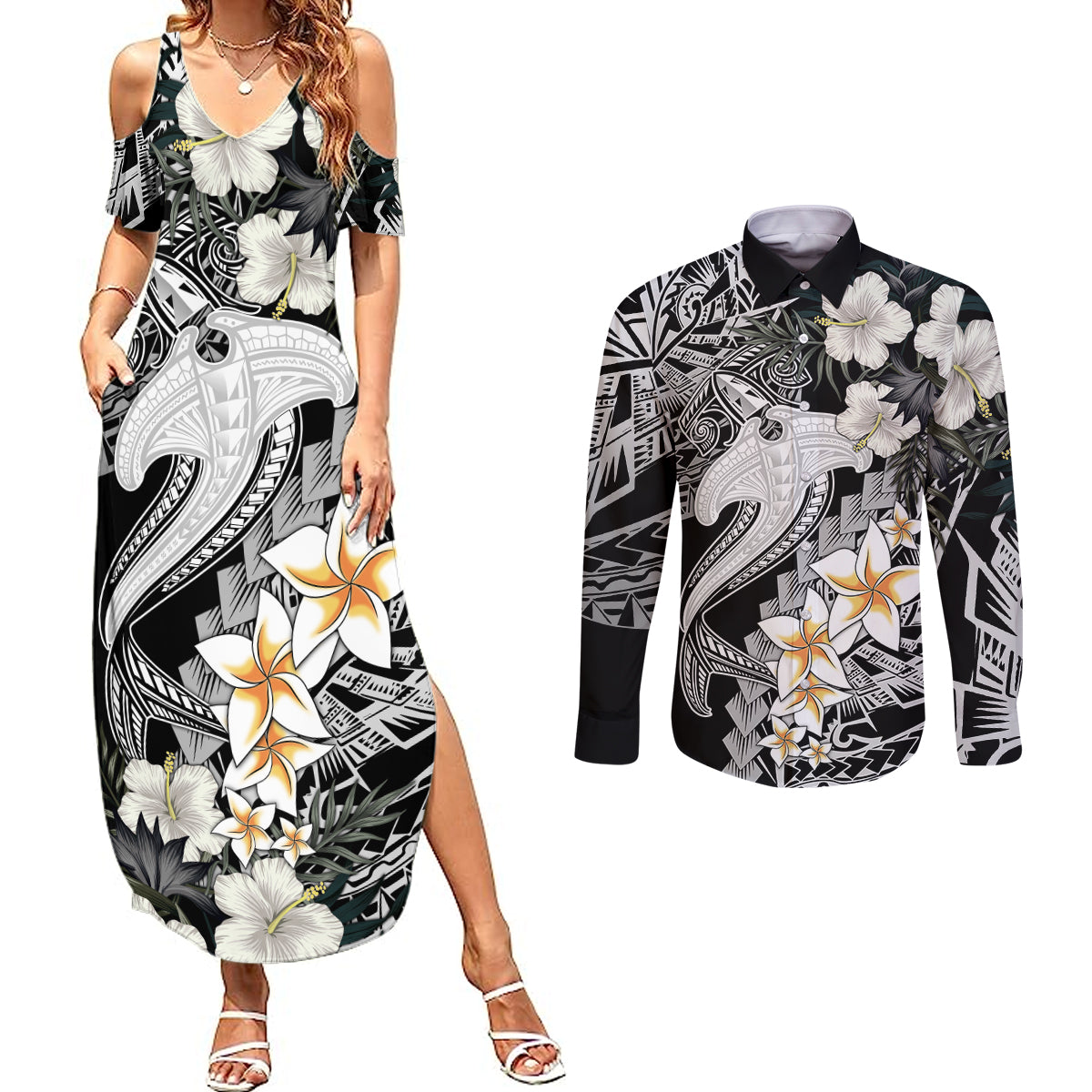 Aloha Hawaii Couples Matching Summer Maxi Dress and Long Sleeve Button Shirts Hammerhead Shark Tattoo Polynesian Summer - White LT9 - Wonder Print Shop