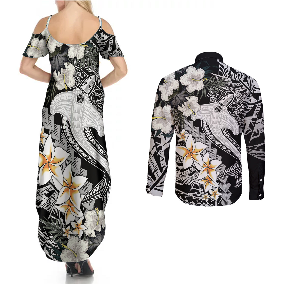 Aloha Hawaii Couples Matching Summer Maxi Dress and Long Sleeve Button Shirts Hammerhead Shark Tattoo Polynesian Summer - White LT9 - Wonder Print Shop