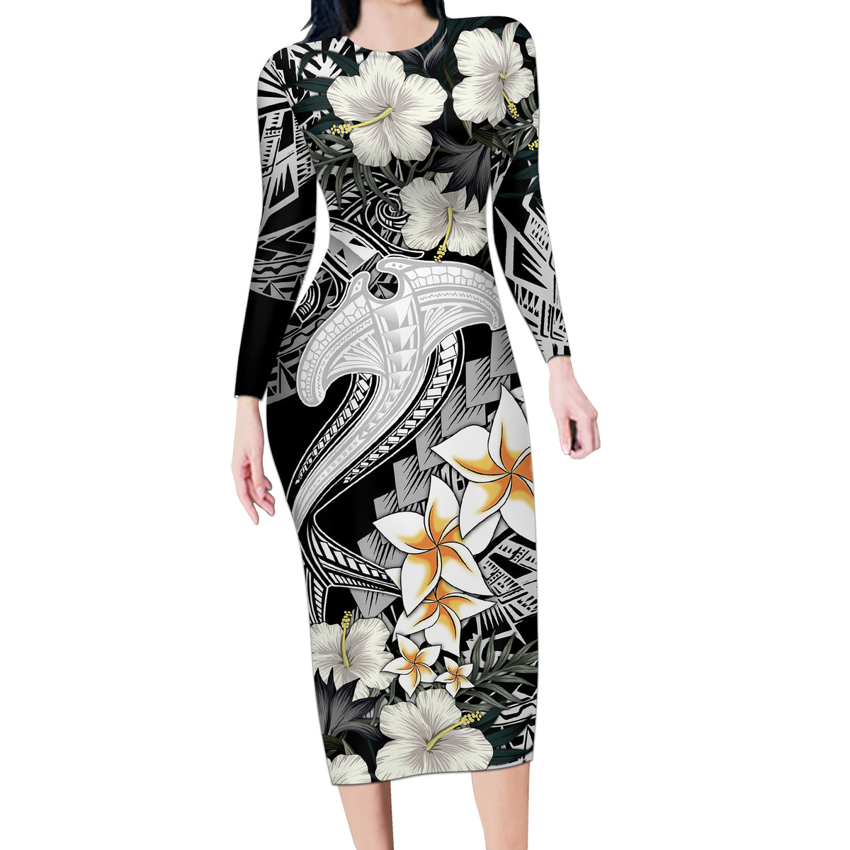 Aloha Hawaii Long Sleeve Bodycon Dress Hammerhead Shark Tattoo Polynesian Summer - White - Wonder Print Shop