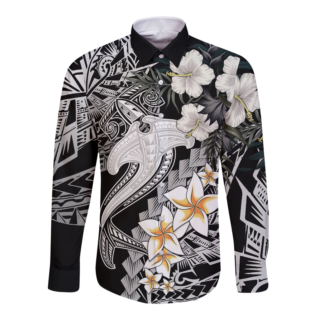 Aloha Hawaii Long Sleeve Button Shirt Hammerhead Shark Tattoo Polynesian Summer - White - Wonder Print Shop