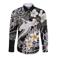 Aloha Hawaii Long Sleeve Button Shirt Hammerhead Shark Tattoo Polynesian Summer - White - Wonder Print Shop