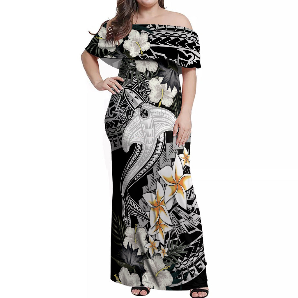 Aloha Hawaii Off Shoulder Maxi Dress Hammerhead Shark Tattoo Polynesian Summer - White - Wonder Print Shop