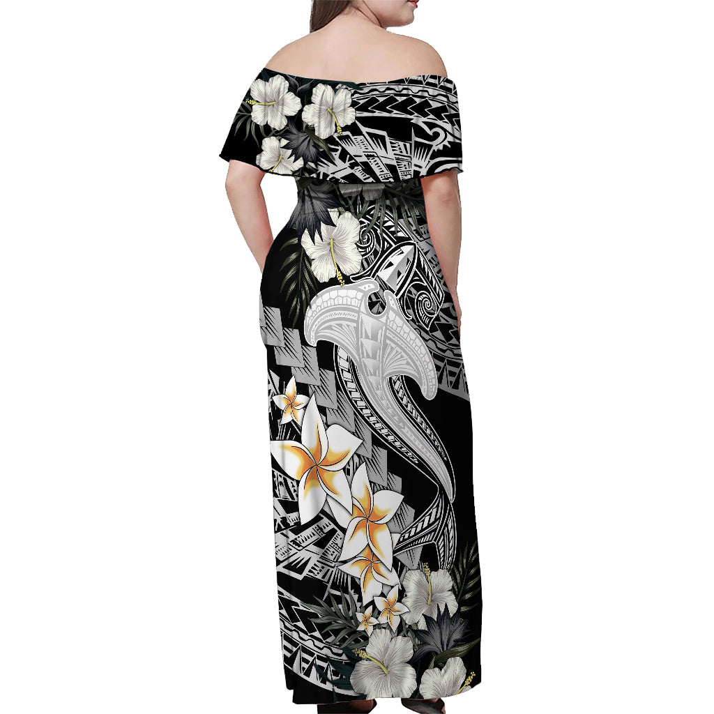 Aloha Hawaii Off Shoulder Maxi Dress Hammerhead Shark Tattoo Polynesian Summer - White - Wonder Print Shop