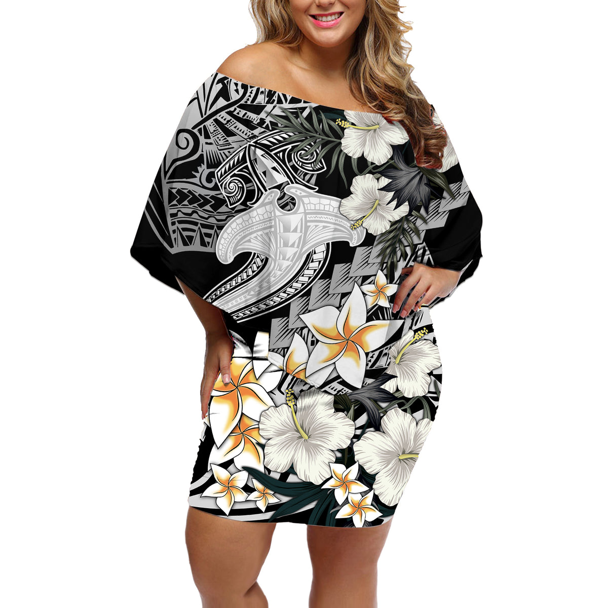 Aloha Hawaii Off Shoulder Short Dress Hammerhead Shark Tattoo Polynesian Summer - White - Wonder Print Shop