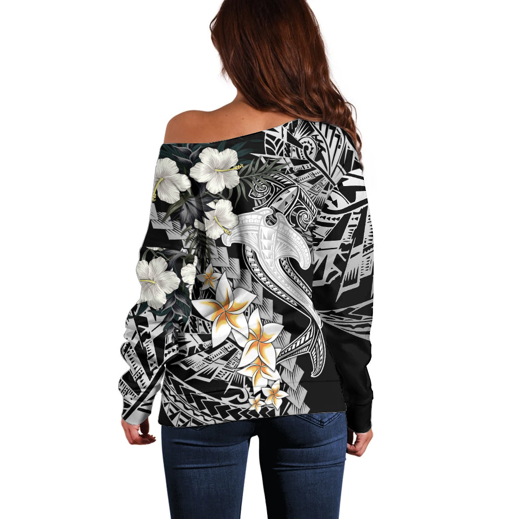 Aloha Hawaii Off Shoulder Sweater Hammerhead Shark Tattoo Polynesian Summer - White - Wonder Print Shop
