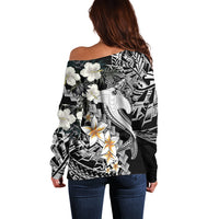 Aloha Hawaii Off Shoulder Sweater Hammerhead Shark Tattoo Polynesian Summer - White - Wonder Print Shop