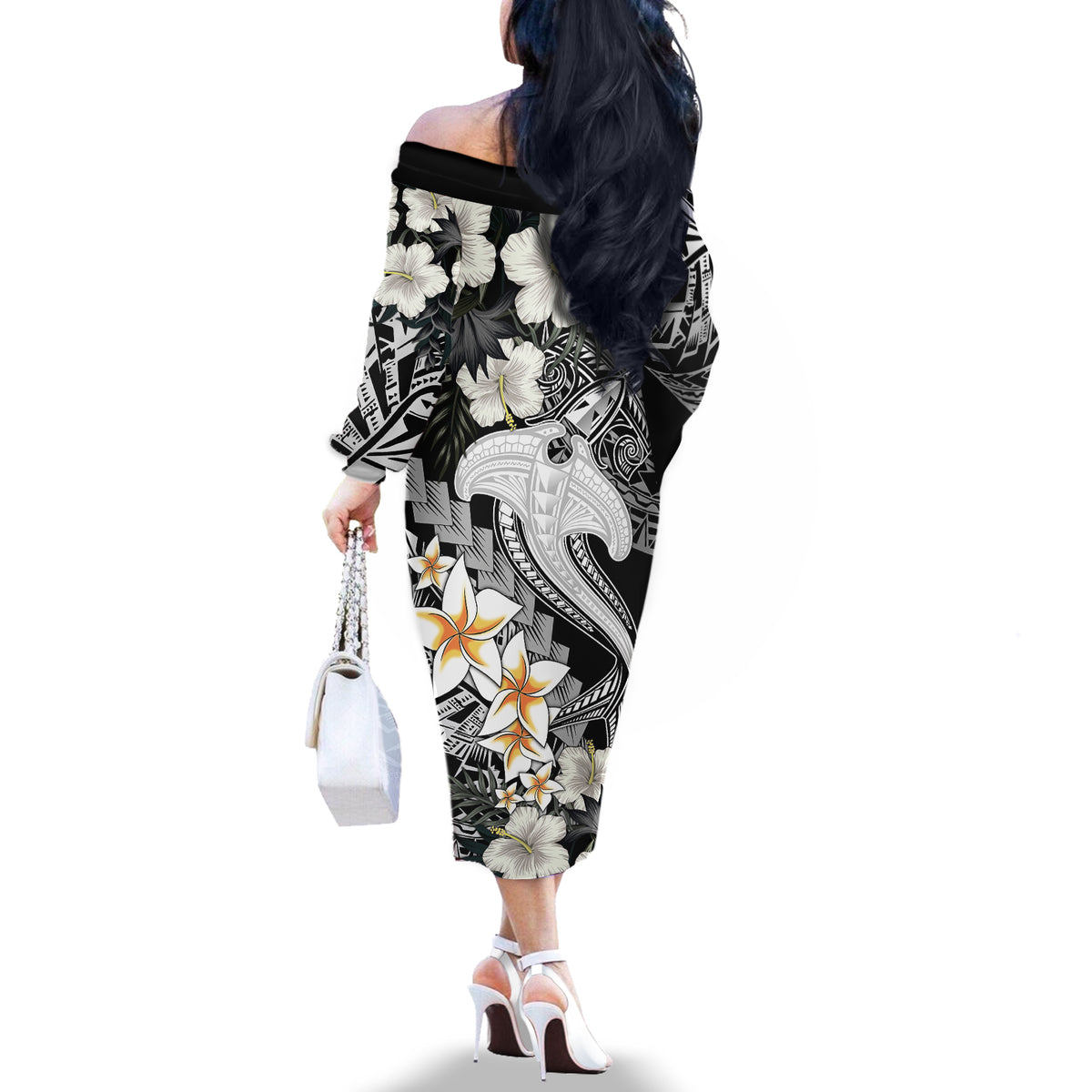 Aloha Hawaii Off The Shoulder Long Sleeve Dress Hammerhead Shark Tattoo Polynesian Summer - White - Wonder Print Shop