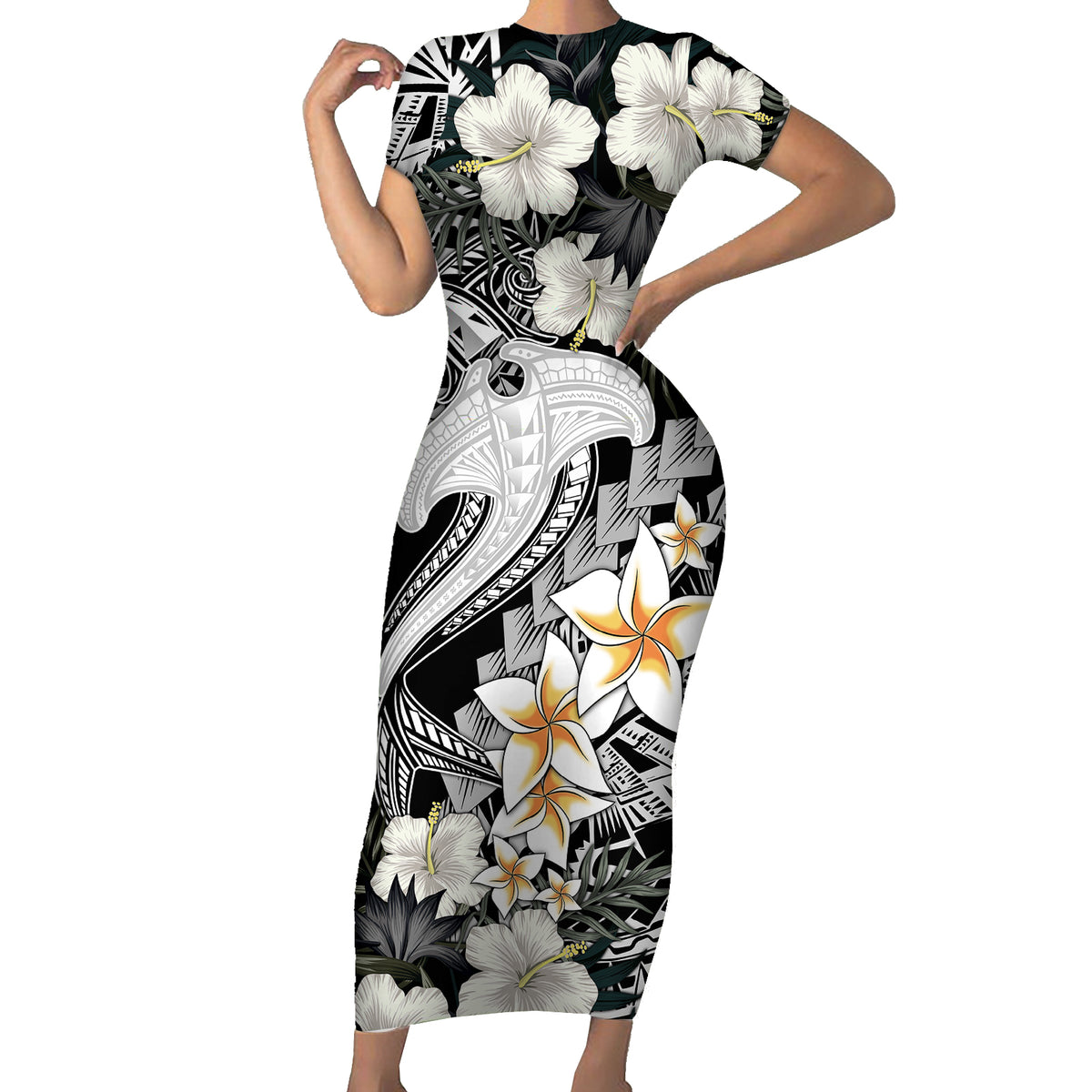 Aloha Hawaii Short Sleeve Bodycon Dress Hammerhead Shark Tattoo Polynesian Summer - White - Wonder Print Shop