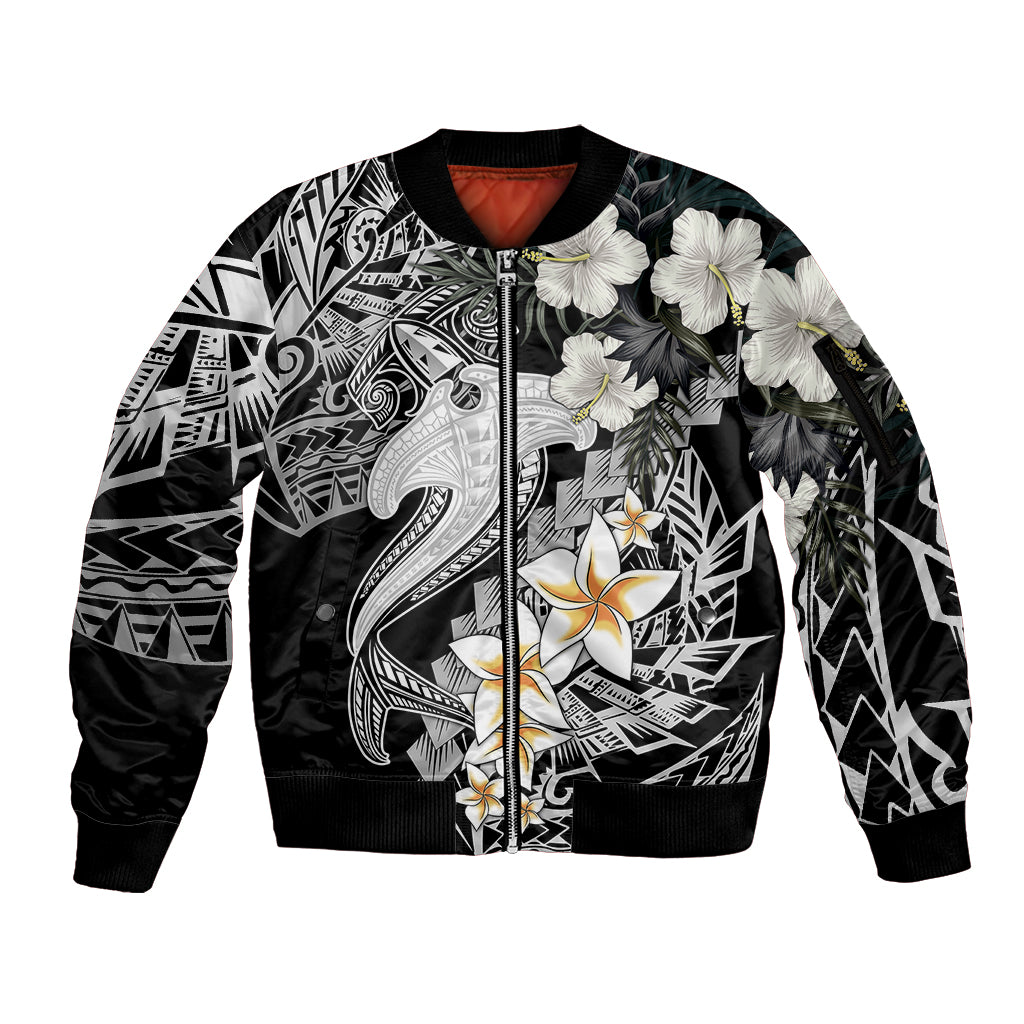 Aloha Hawaii Sleeve Zip Bomber Jacket Hammerhead Shark Tattoo Polynesian Summer - White - Wonder Print Shop