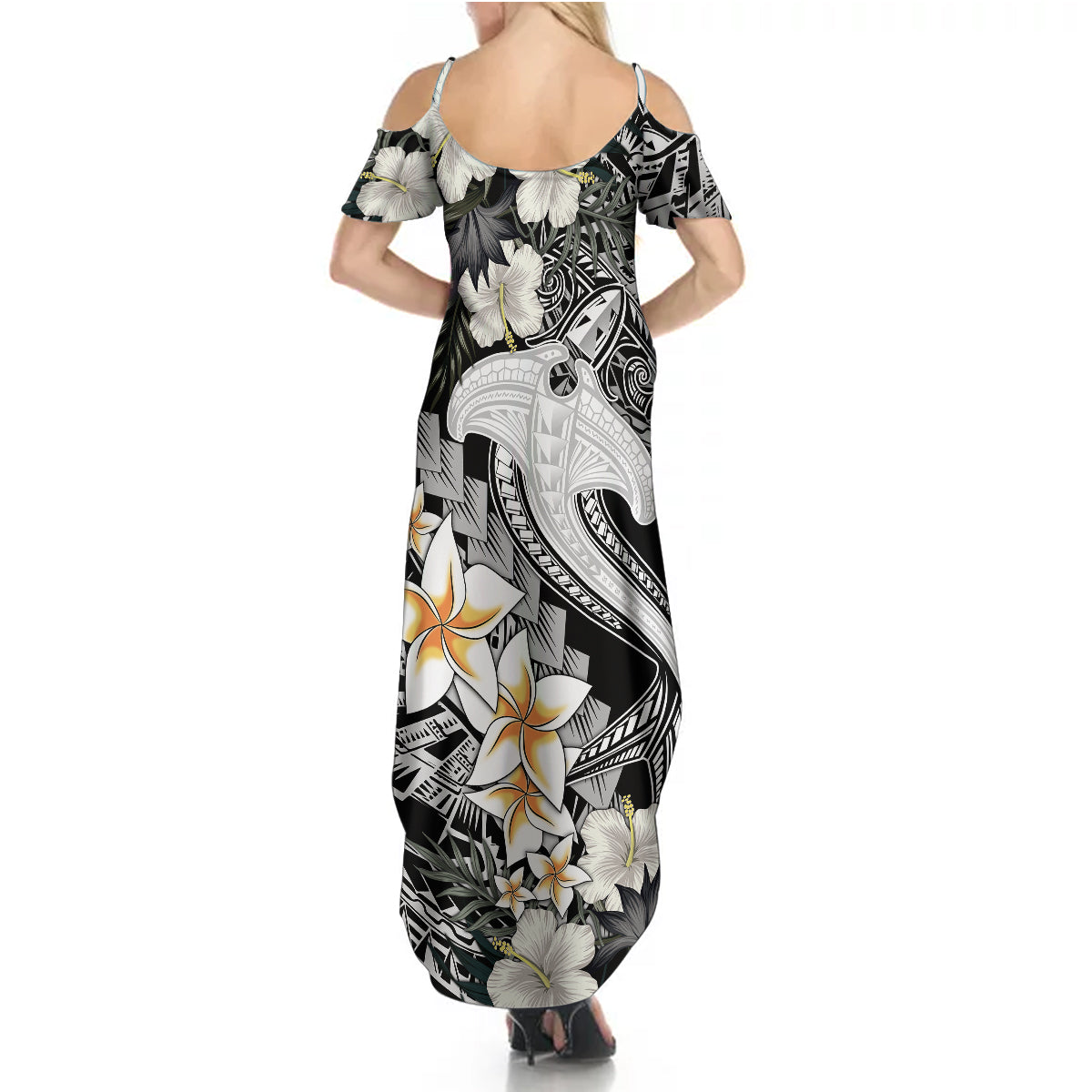Aloha Hawaii Summer Maxi Dress Hammerhead Shark Tattoo Polynesian Summer - White - Wonder Print Shop