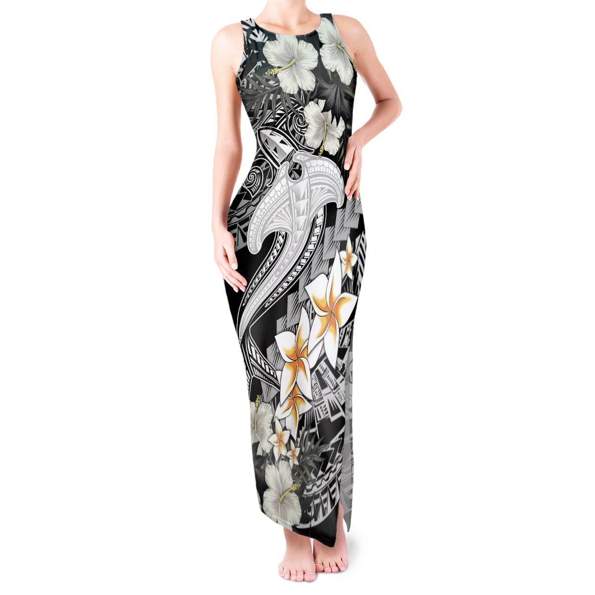 Aloha Hawaii Tank Maxi Dress Hammerhead Shark Tattoo Polynesian Summer - White - Wonder Print Shop