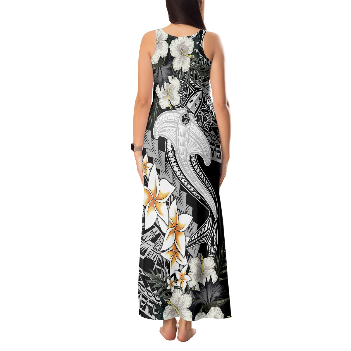 Aloha Hawaii Tank Maxi Dress Hammerhead Shark Tattoo Polynesian Summer - White - Wonder Print Shop