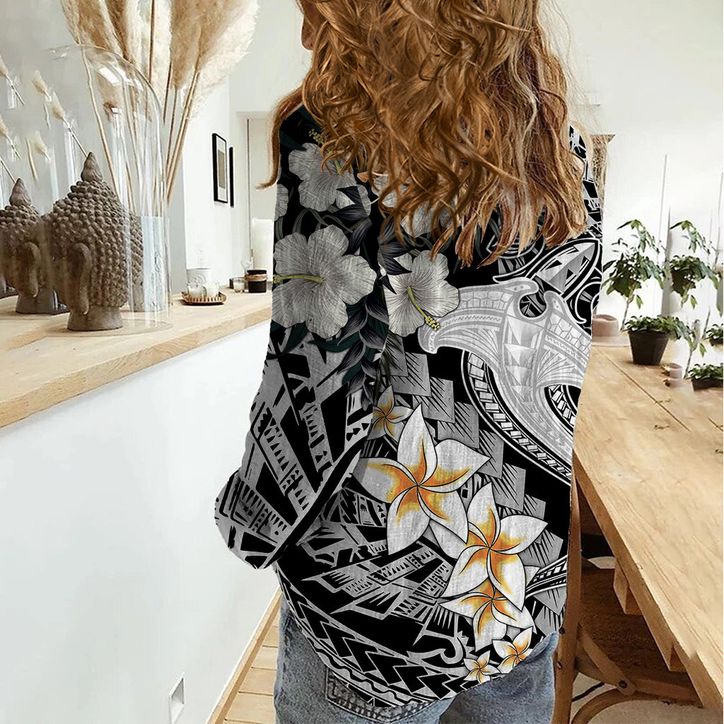 Aloha Hawaii Women Casual Shirt Hammerhead Shark Tattoo Polynesian Summer - White - Wonder Print Shop