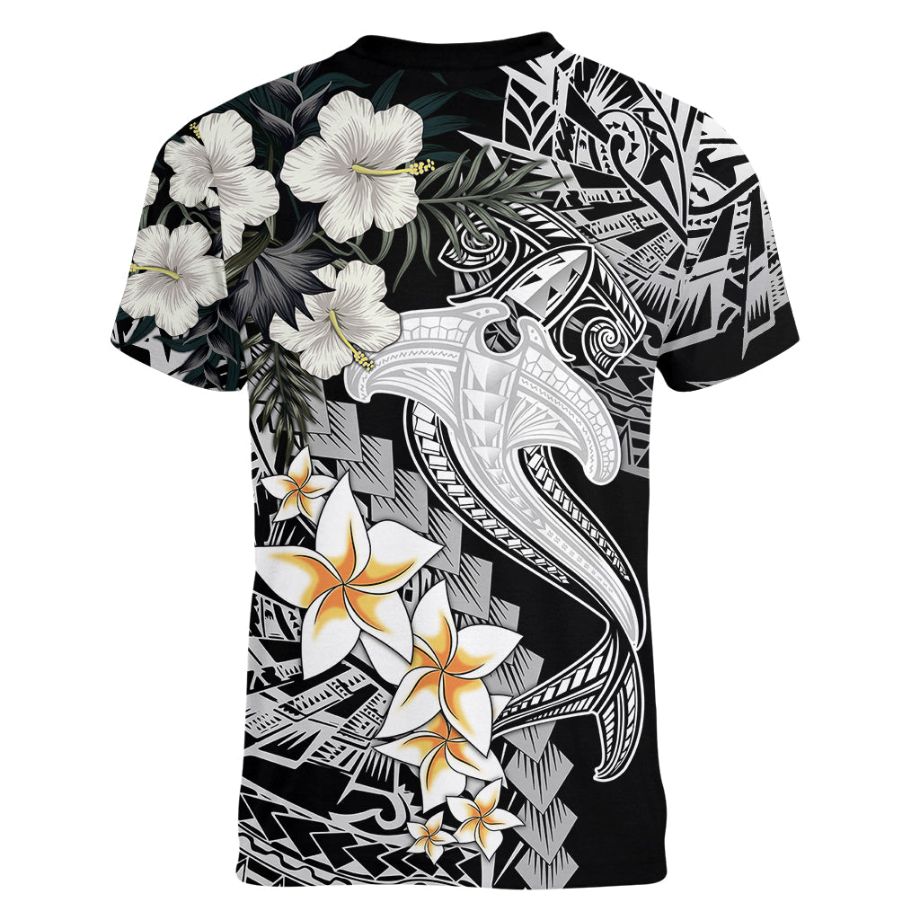 Aloha Hawaii Women V Neck T Shirt Hammerhead Shark Tattoo Polynesian Summer - White - Wonder Print Shop