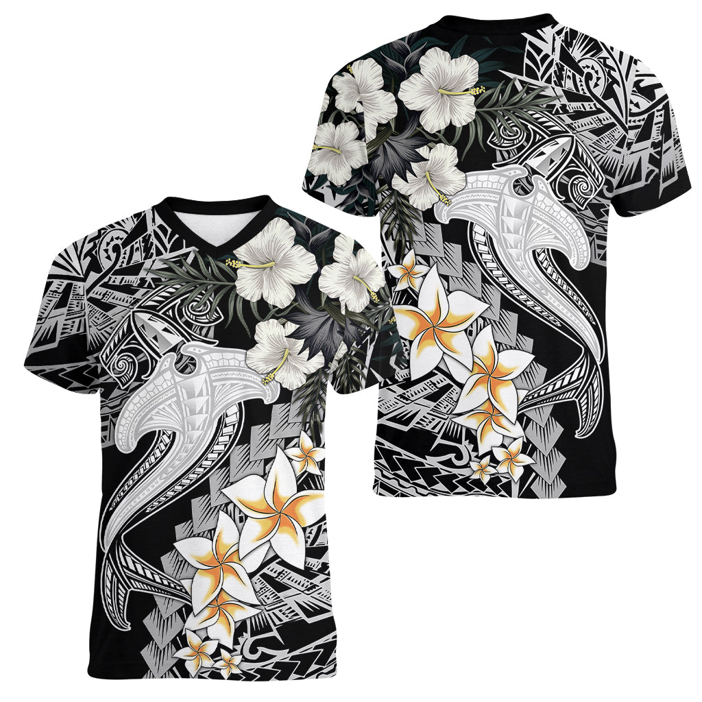 Aloha Hawaii Women V Neck T Shirt Hammerhead Shark Tattoo Polynesian Summer - White - Wonder Print Shop