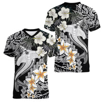 Aloha Hawaii Women V Neck T Shirt Hammerhead Shark Tattoo Polynesian Summer - White - Wonder Print Shop