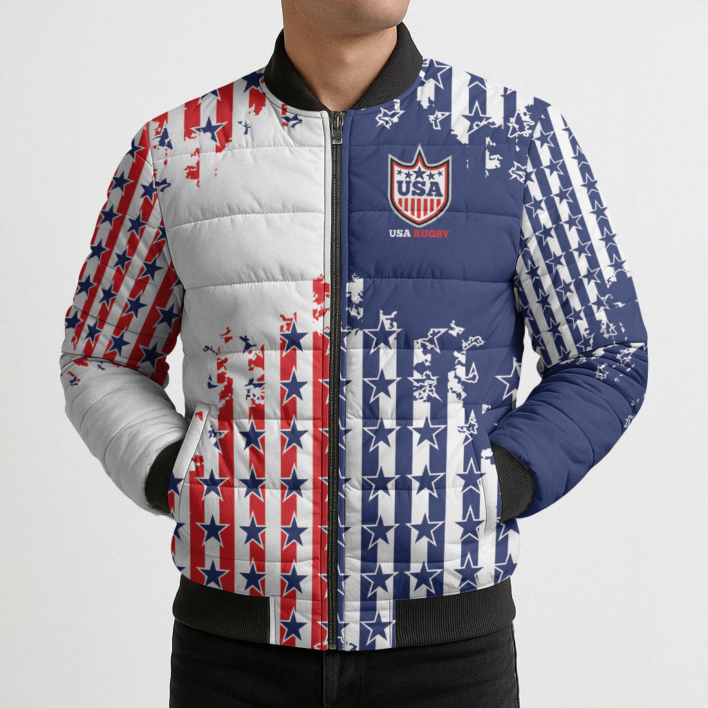 2026 Rugby Nations Series Custom United States Bomber Puffer Jacket Red Star And Stripes Pattern