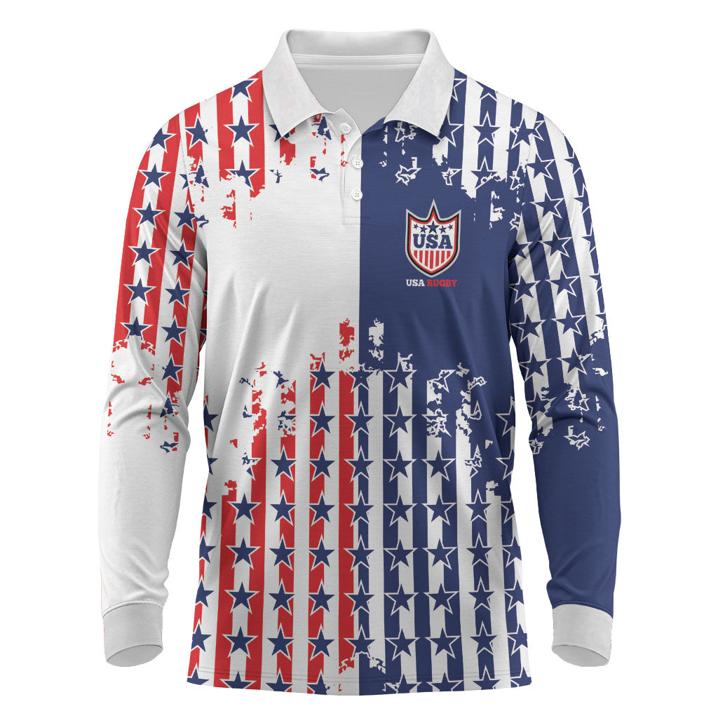 2026 Rugby Nations Series Custom United States Long Sleeve Polo Shirt Red Star And Stripes Pattern