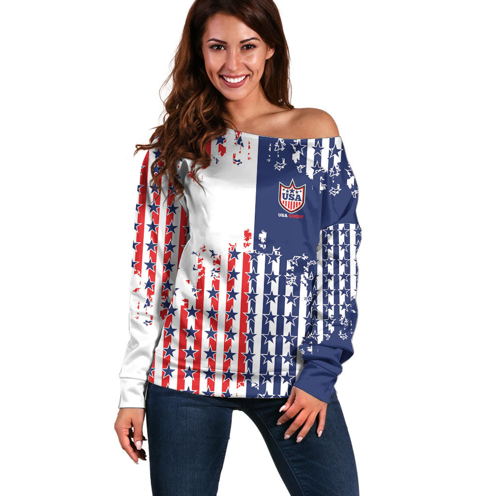 2026 Rugby Nations Series Custom United States Off Shoulder Sweater Red Star And Stripes Pattern
