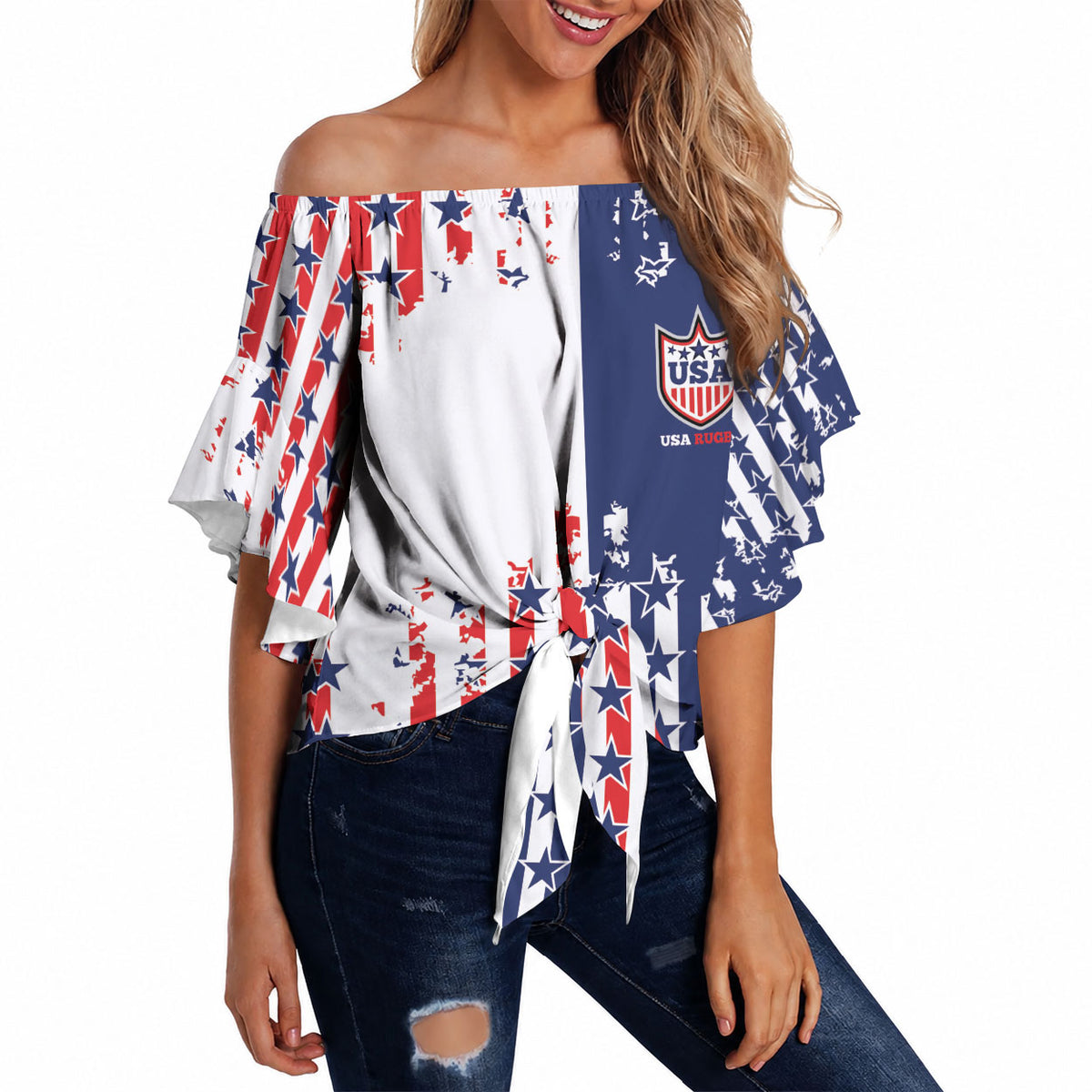 2026 Rugby Nations Series Custom United States Off Shoulder Wrap Waist Top Red Star And Stripes Pattern