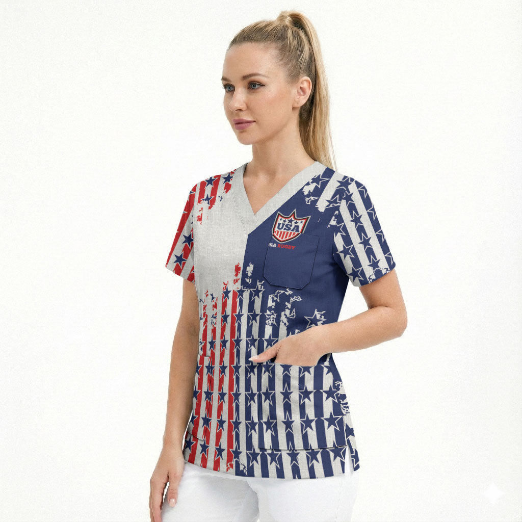 2026 Rugby Nations Series Custom United States Scrub Top Red Star And Stripes Pattern