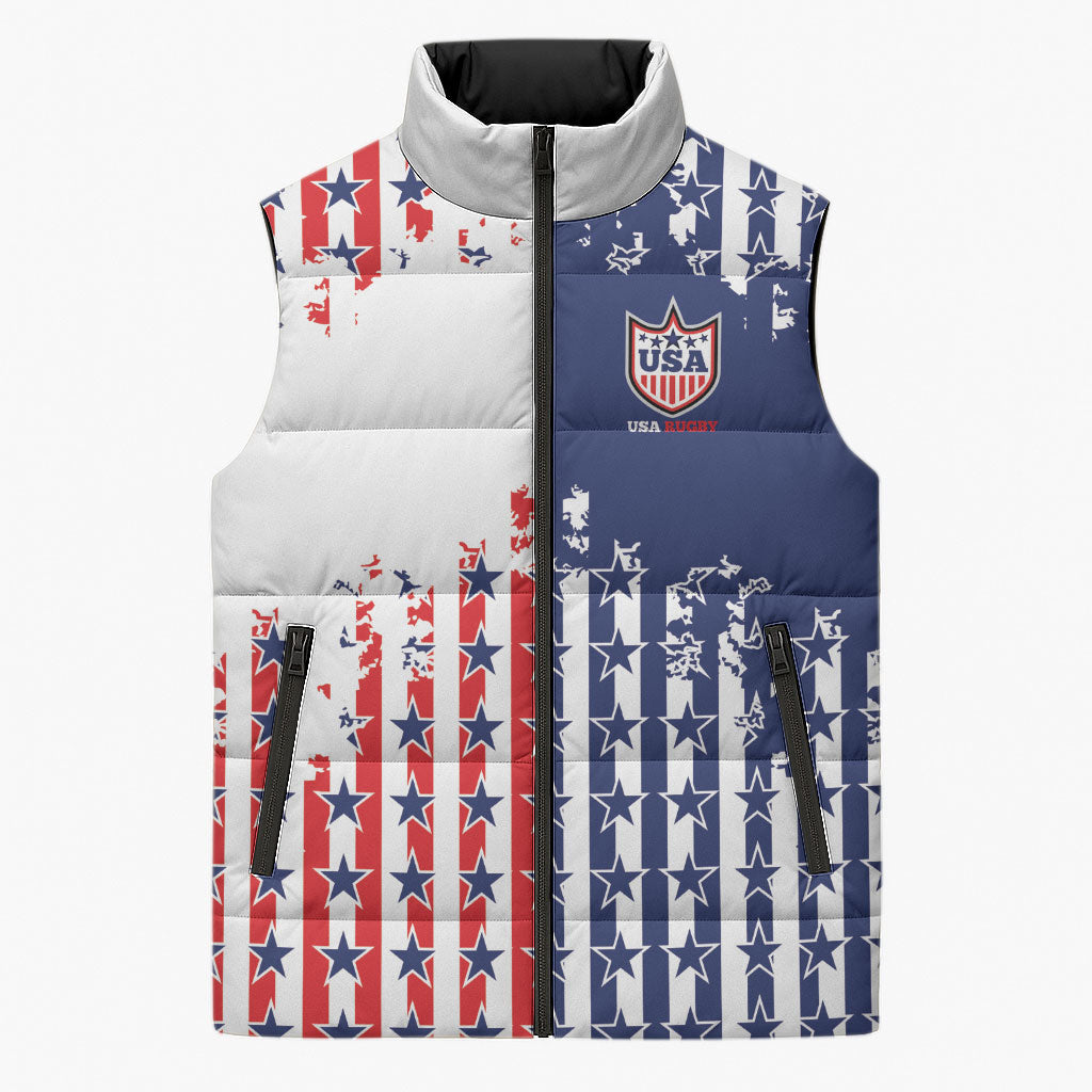 2026 Rugby Nations Series Custom United States Sleeveless Puffer Jacket Red Star And Stripes Pattern