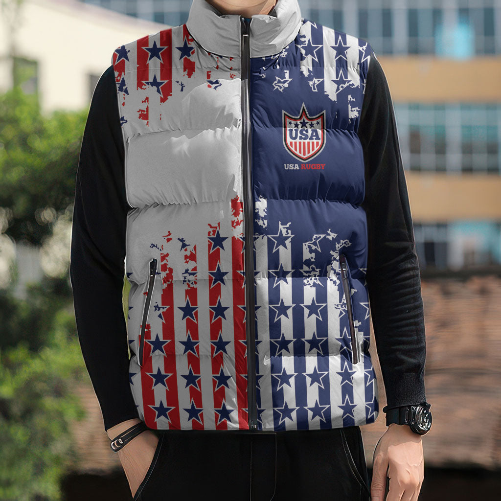 2026 Rugby Nations Series Custom United States Sleeveless Puffer Jacket Red Star And Stripes Pattern