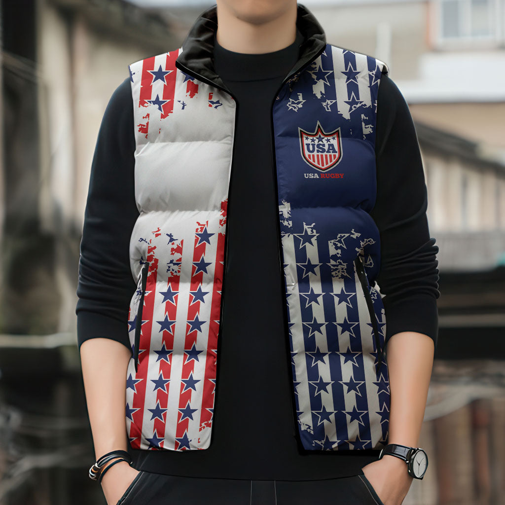 2026 Rugby Nations Series Custom United States Sleeveless Puffer Jacket Red Star And Stripes Pattern