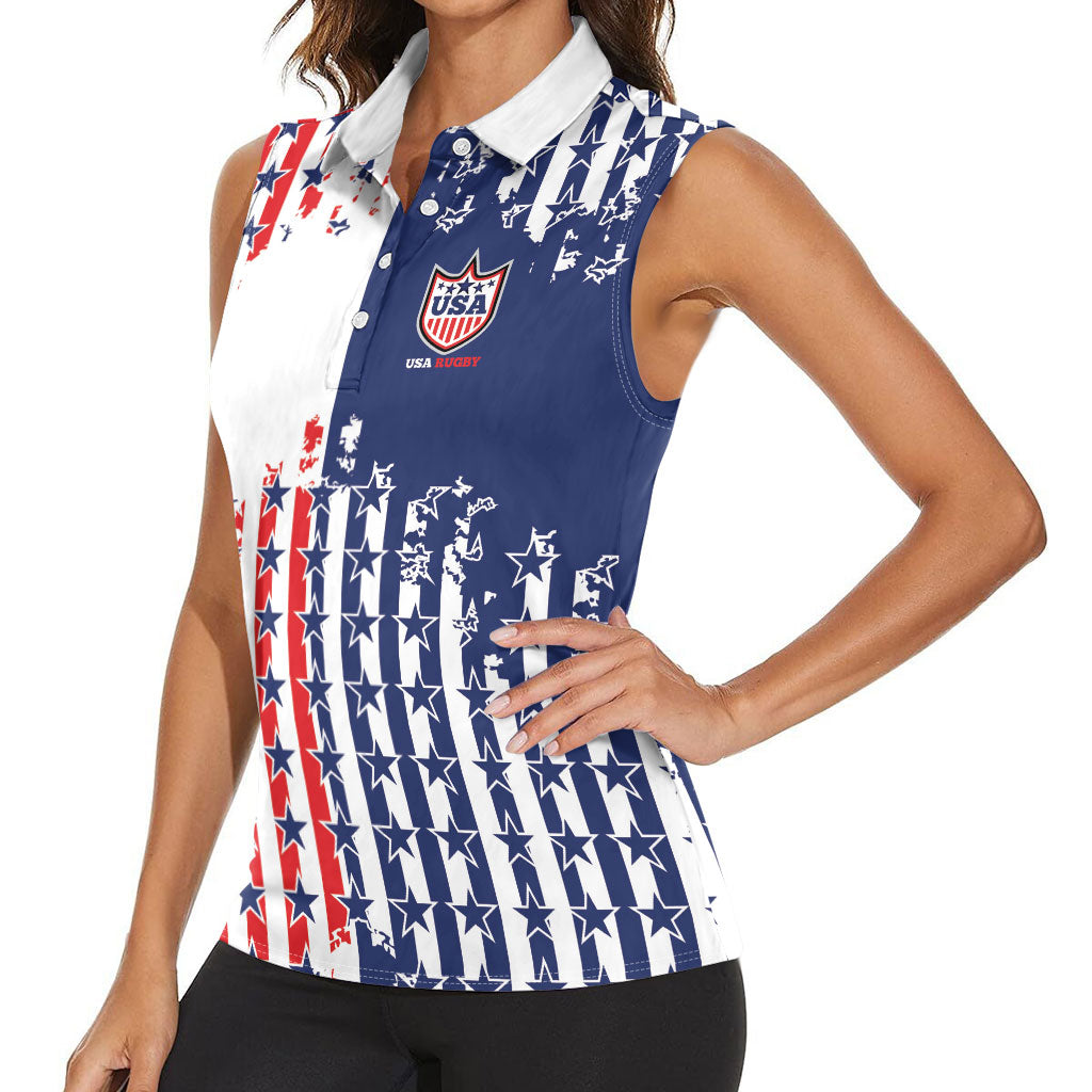 2026 Rugby Nations Series Custom United States Women Sleeveless Polo Shirt Red Star And Stripes Pattern