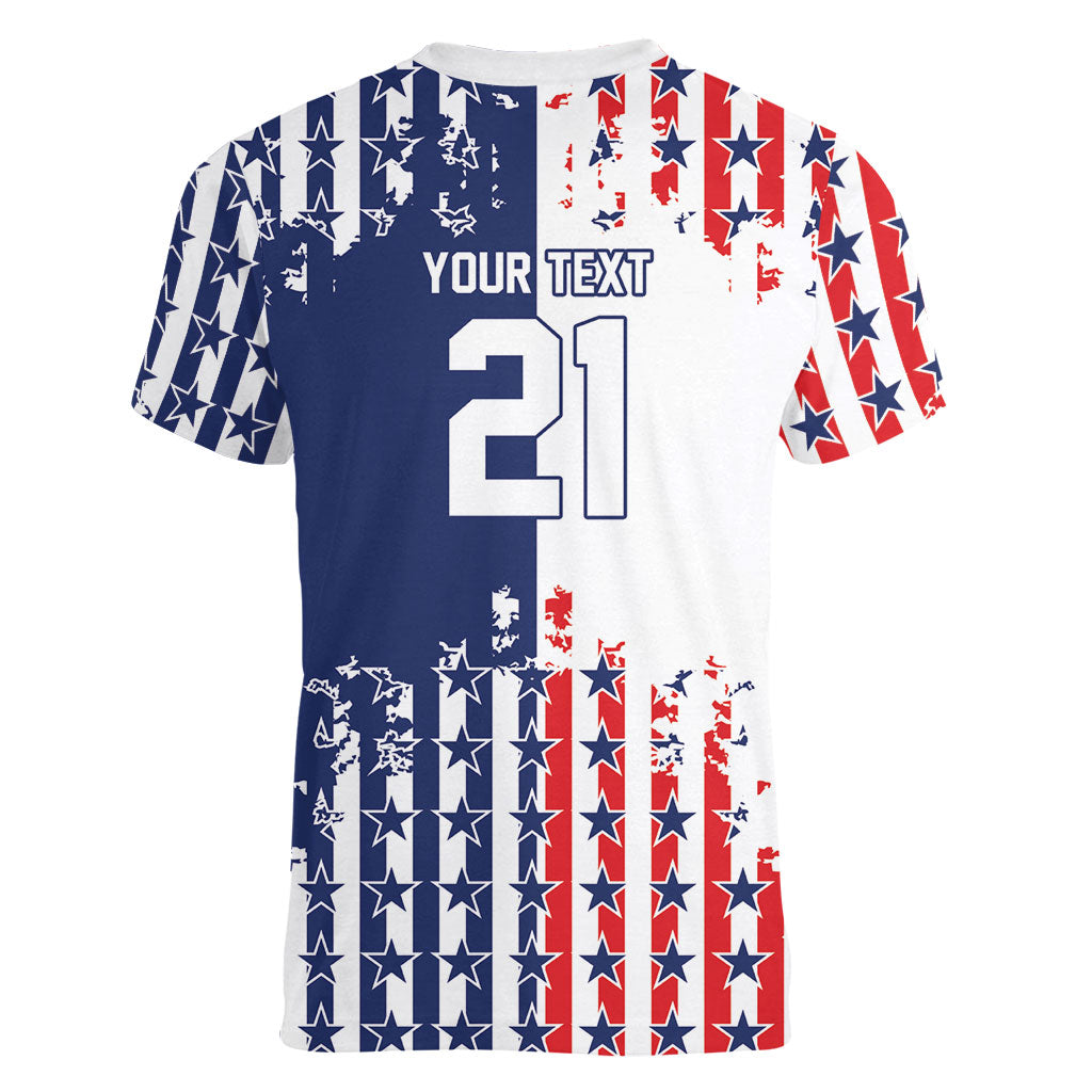 2026 Rugby Nations Series Custom United States Women V-Neck T-Shirt Red Star And Stripes Pattern