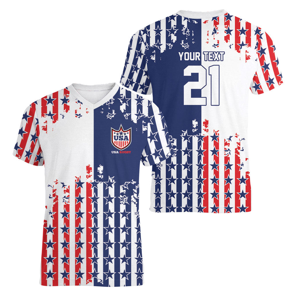 2026 Rugby Nations Series Custom United States Women V-Neck T-Shirt Red Star And Stripes Pattern